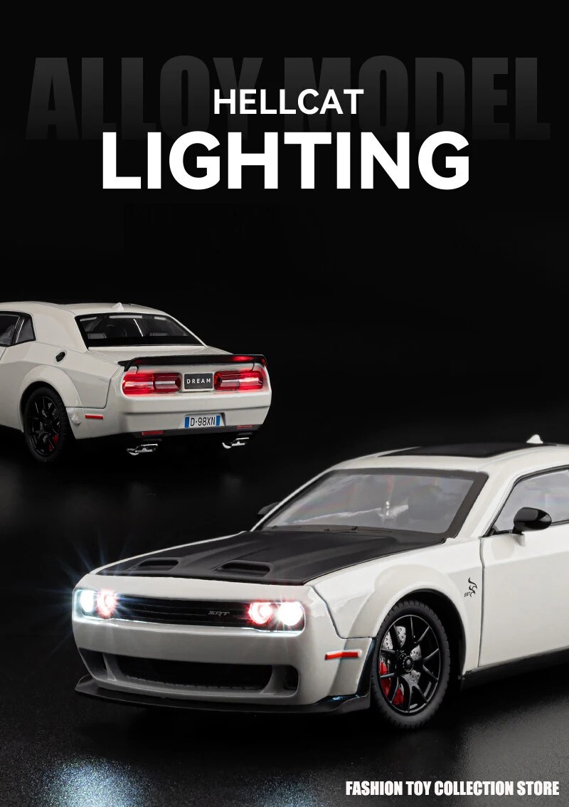 1:24 Dodge Challenger Hellcat Alloy Diecast Toy Car Model Sound Light Pull Back