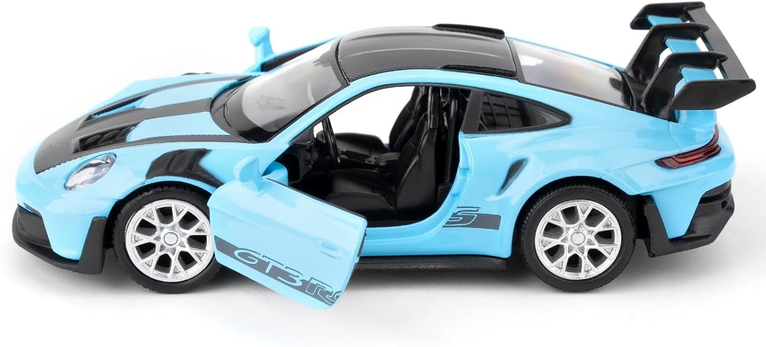 1:36 Scale Porsche 911 GT3 RS Diecast Toy Car – Pull Back, Doors Open, Blue