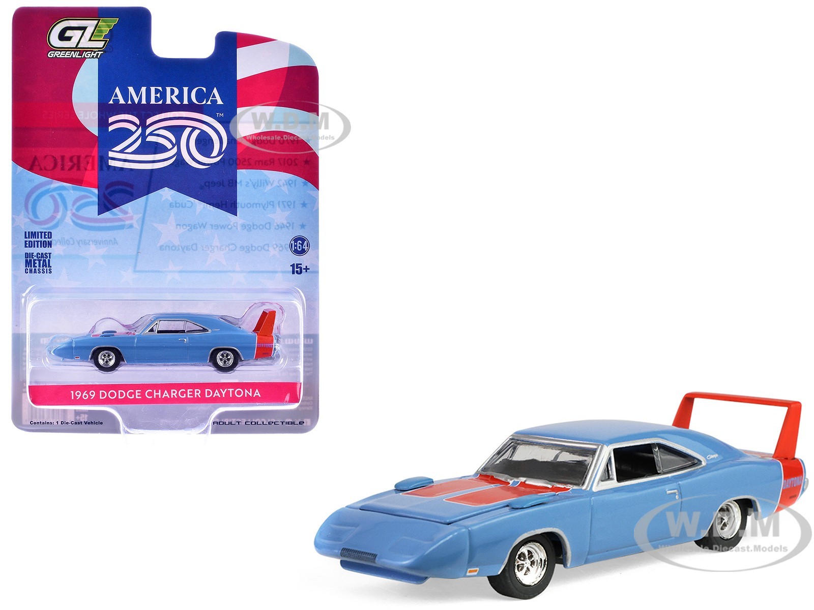1969 DODGE CHARGER DAYTONA BLUE “AMERICA 250” 1/64 DIECAST BY GREENLIGHT 28180 F