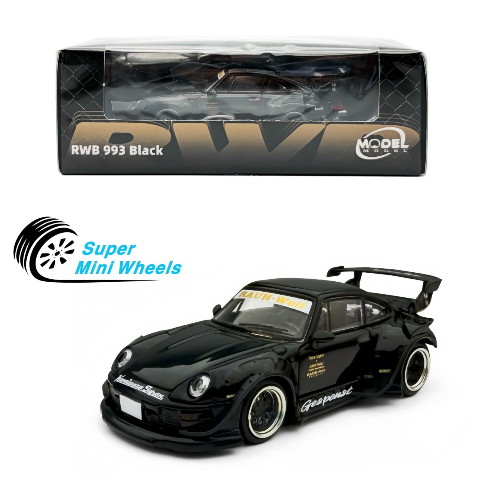 Model Model 1:64 Porsche RWB 993 Black Diecast Car