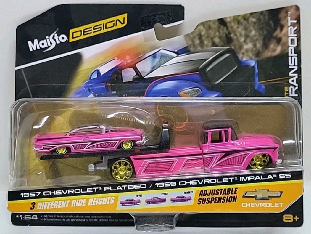 1957 Chevy Flatbed & 1959 Impala SS Pink Lowrider Hauler Set 1:64 Maisto Design