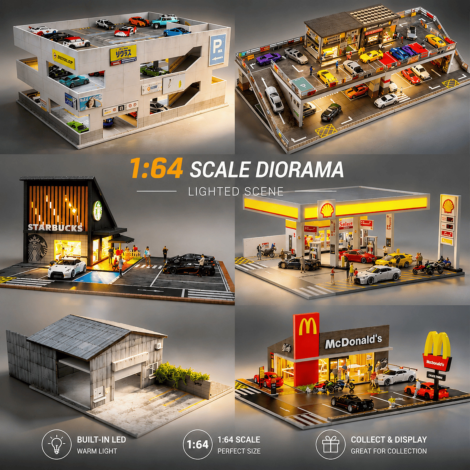 1/64 Diorama Diecast Garage Scene Street Building Parking Lot Model LED Light US