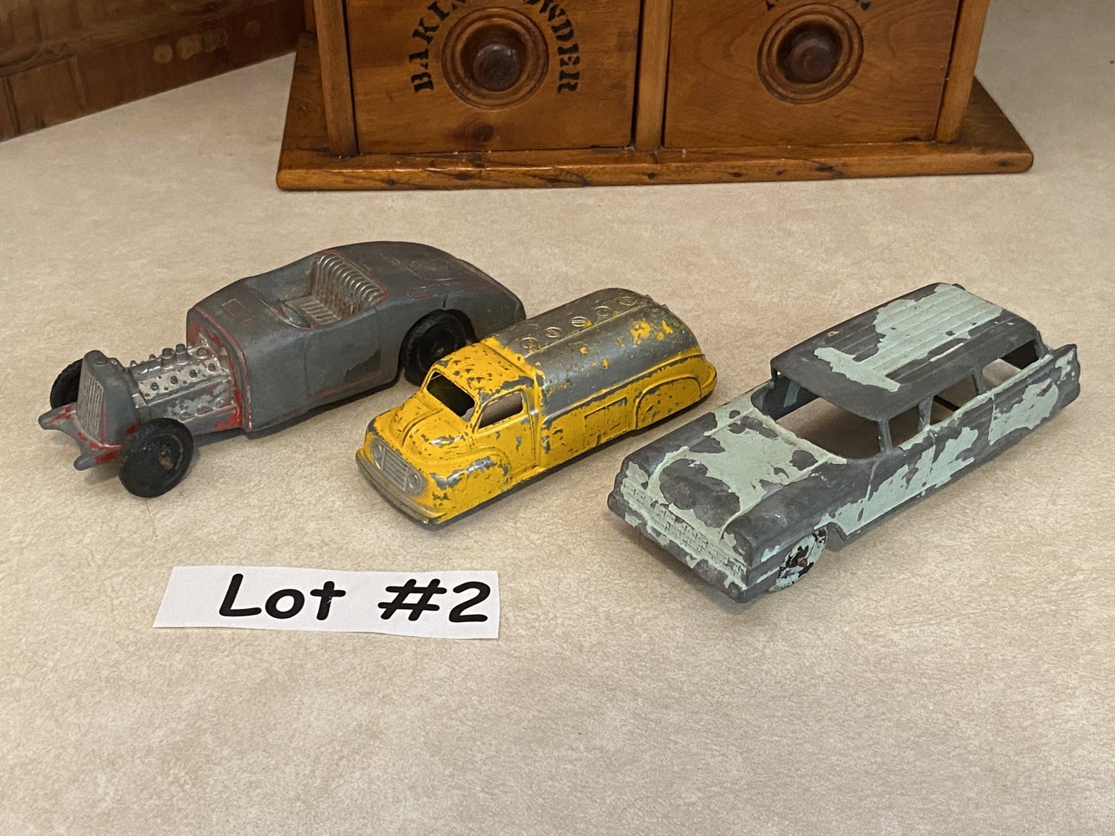 Vtg LOT of 3 -1950s TOOTSiE TOY Cars & Truck *Oil Tanker *Rat Rod *Ford Sedan #2