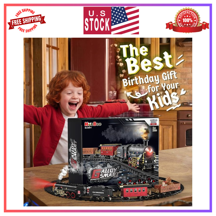 Hot Bee Train Set Alloy Toy w/ Lights Smoke Sound for Kids 3-8 Years