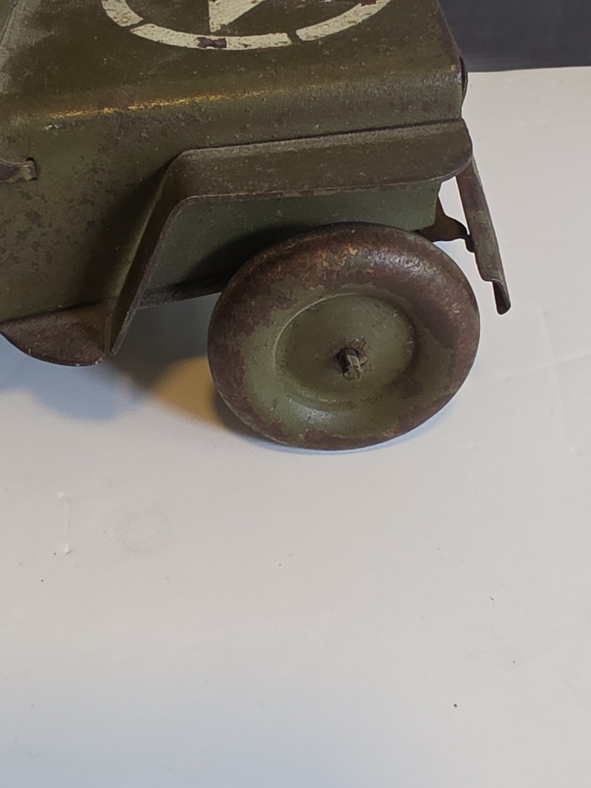 Vintage Pressed Steel Willys Jeep Military Toy w/ Driver France? 1940s 1950s