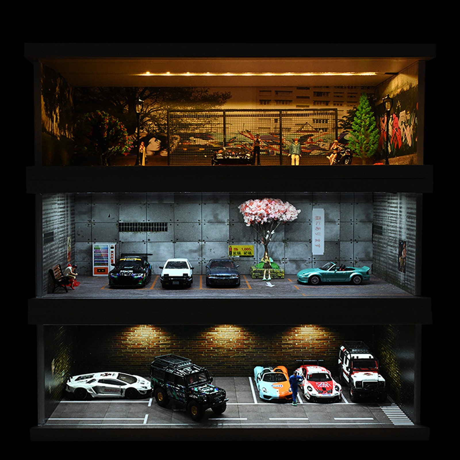 1/64 Diorama Car Garage Model LED Lighting Car Showroom Scene Display Model Gift