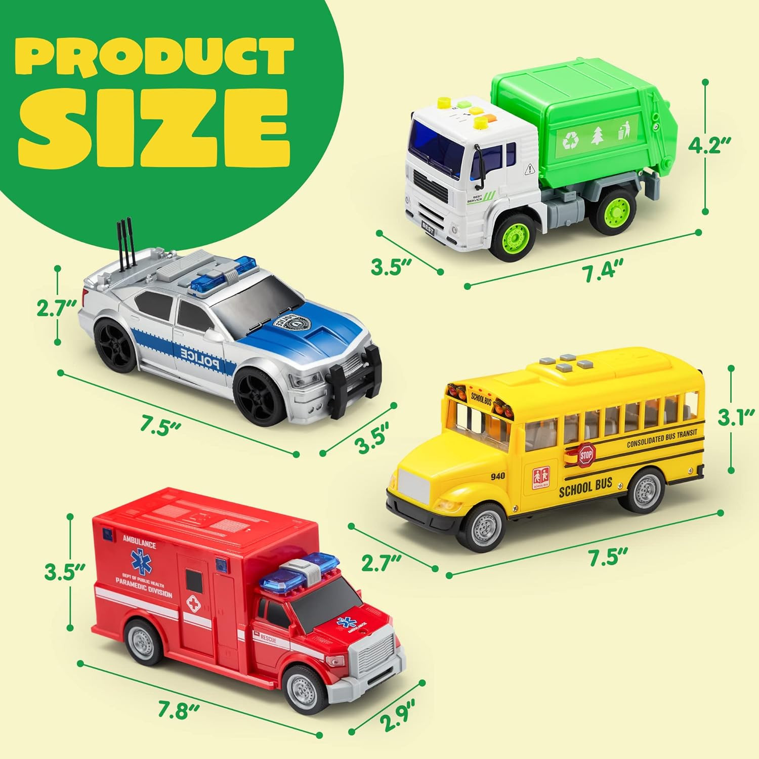 4 Pcs 7″ Vehicle Toy Set Lights Siren Police Car Bus Garbage Truck Ages 3-5 Boys