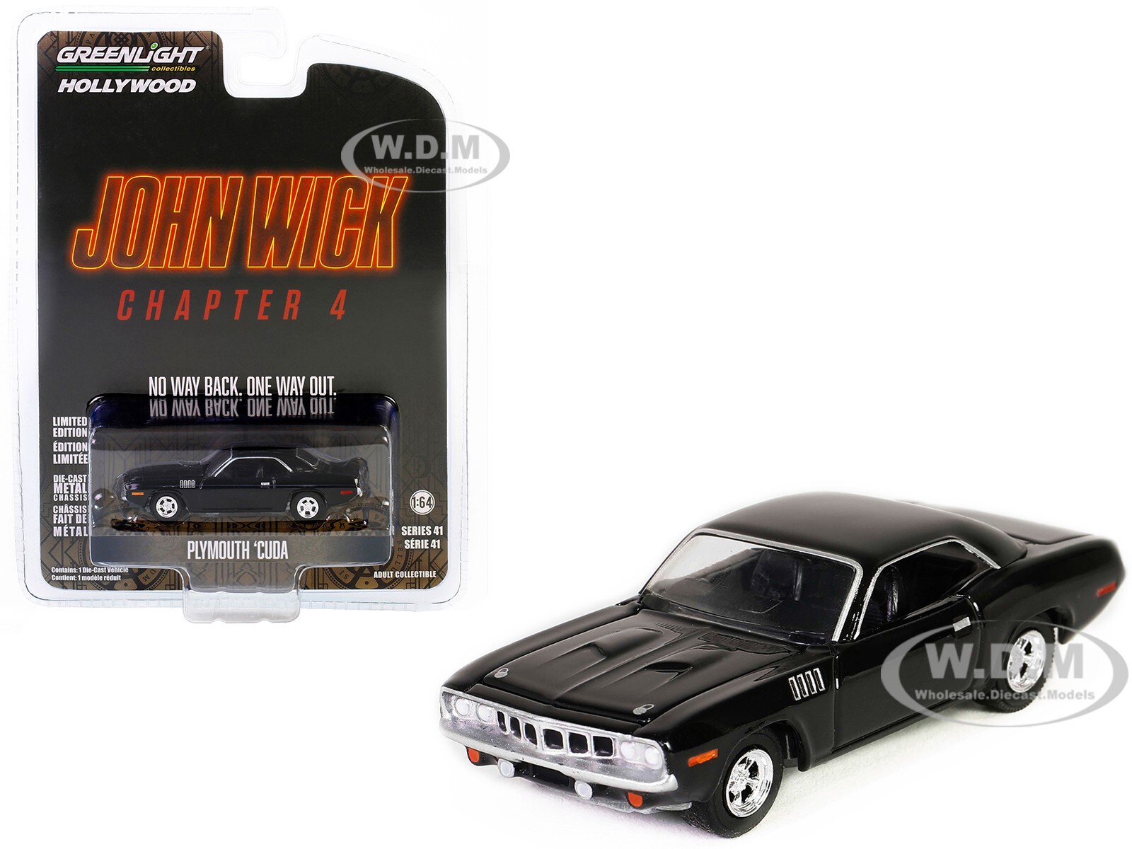 PLYMOUTH BARRACUDA BLACK “JOHN WICK 4” (2023) 1/64 CAR BY GREENLIGHT 62020 F