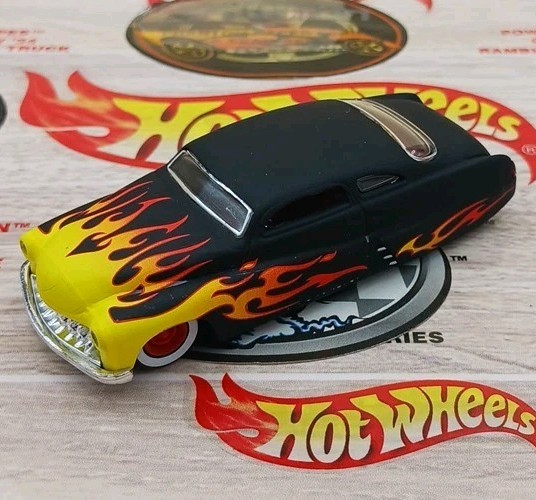 1951 Mercury Lead Sled Custom Black Yellow/Orange Flames Red Rim Whitewall Tires