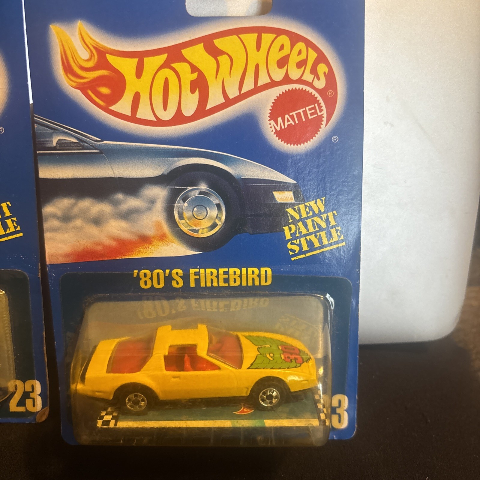 2- 1990 Hotwheels Blue Card Yellow ’80’s Firebird Card 23 New Paint Style