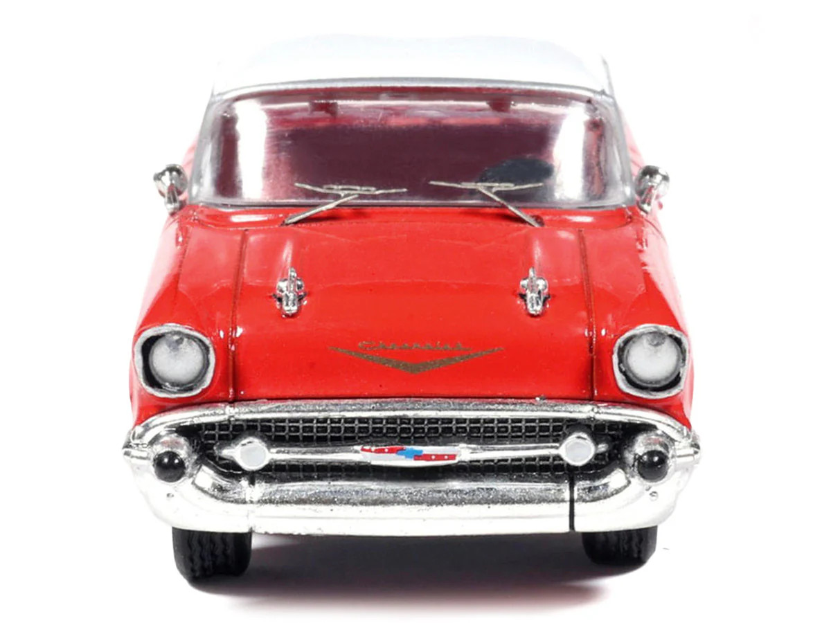 1957 Chevrolet Bel Air Red with White Top and Red Interior 1/64 Diecast Model b