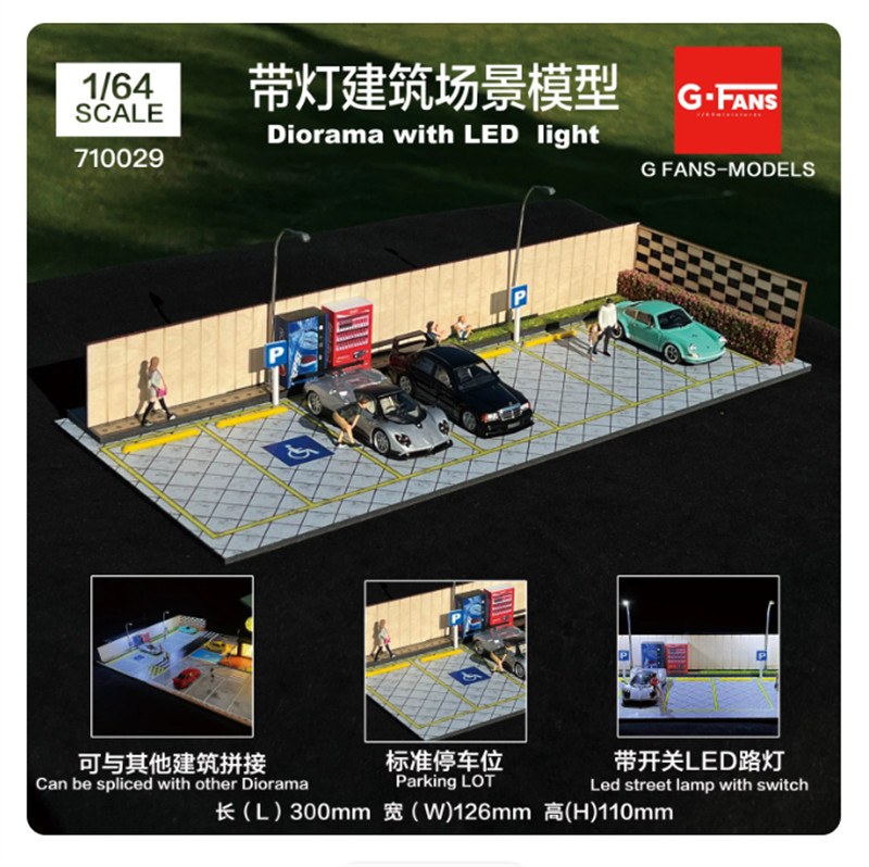 Diorama Car Garage Model LED Lighting Car Parking Lot Scene Display Model 1/64