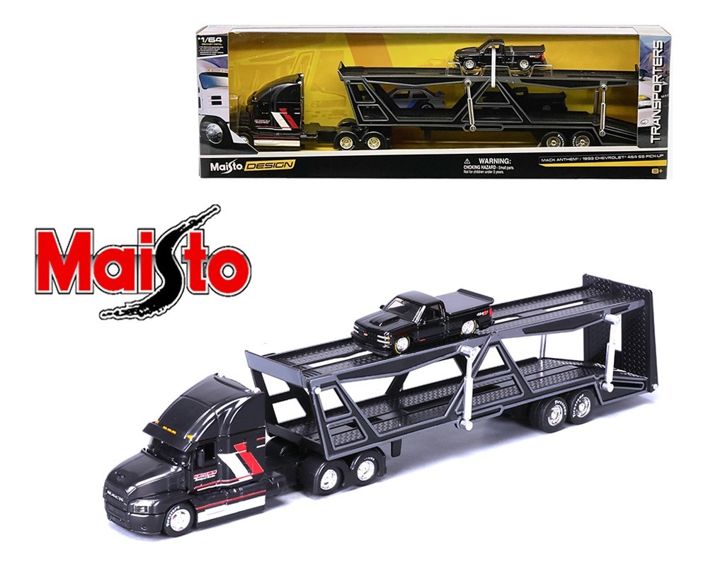 Mack Transporter Trailer w/ 1993 Chevrolet 454 1:64 Scale Model – Maisto 11454BK