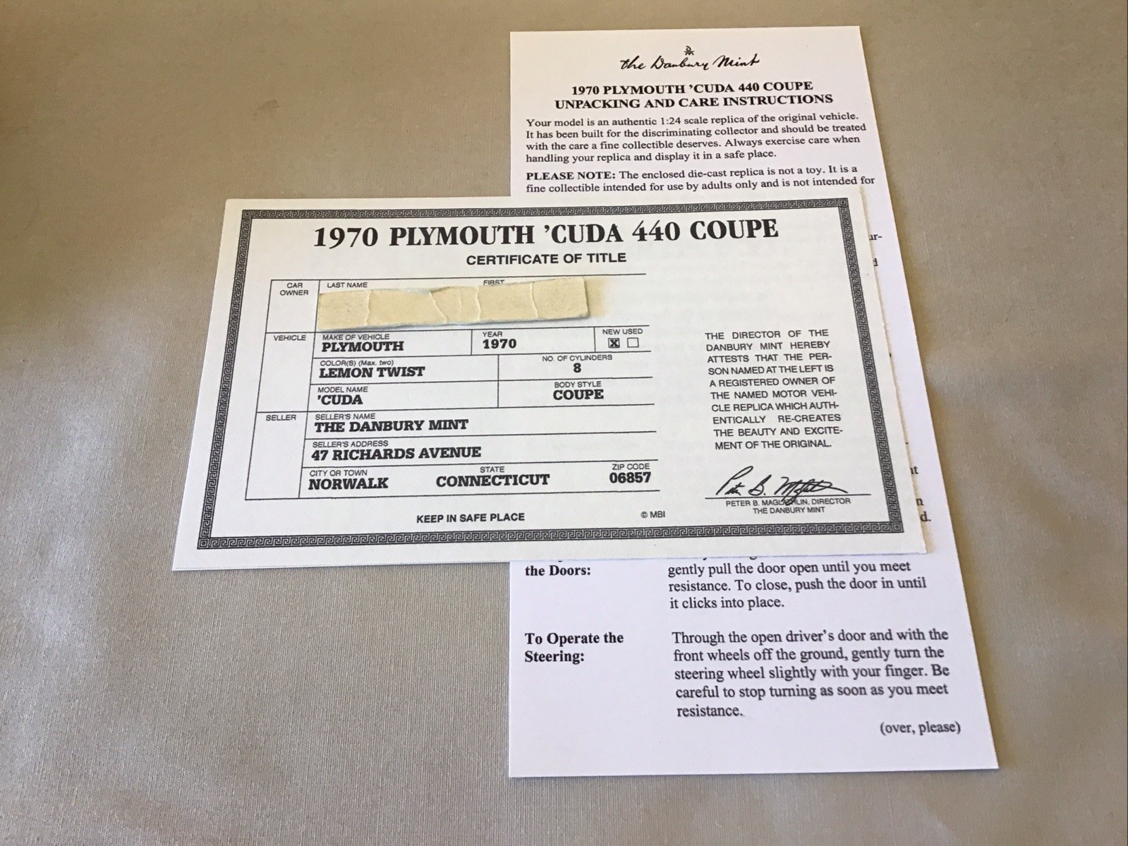 Danbury Mint 1970 Plymouth Cuda 440 Coupe Rare Title Paperwork Only 1:24