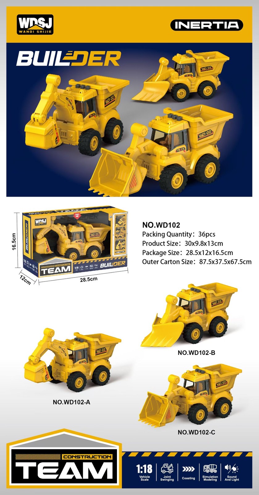 1:16 1:18 Construction Vehicle Toy Set Excavator Loader Roller w/ Sound & Light