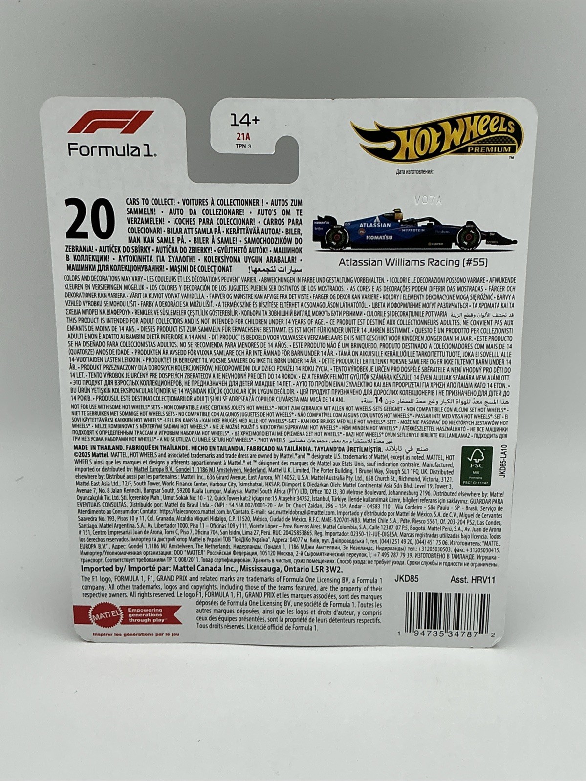 New Hot Wheels Formula 1 Premium 2025 Grid Atlassian Williams Racing #55