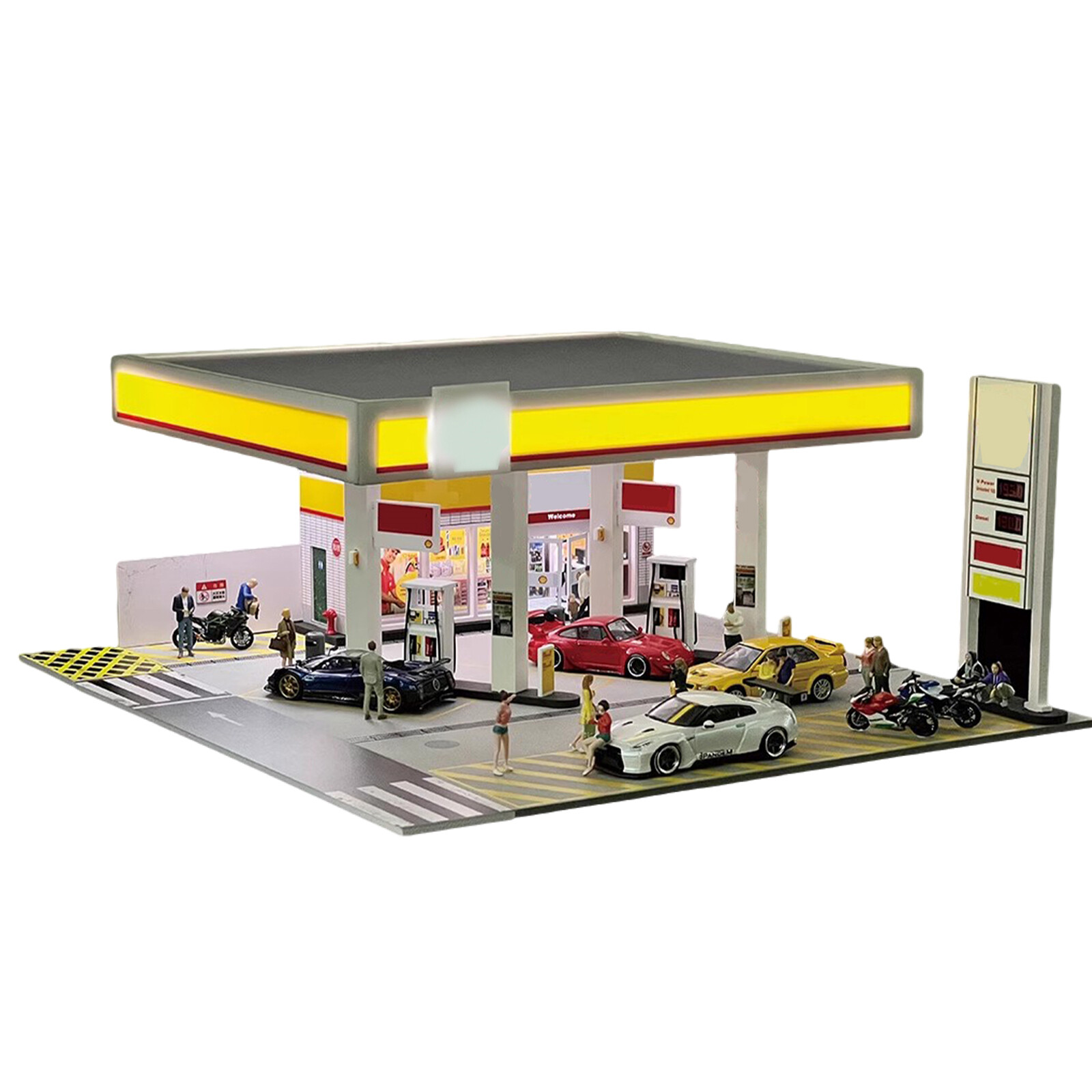 Diorama 1/64 Car Garage Model LED Lighting Gas Stations Parking Lot Scene Model