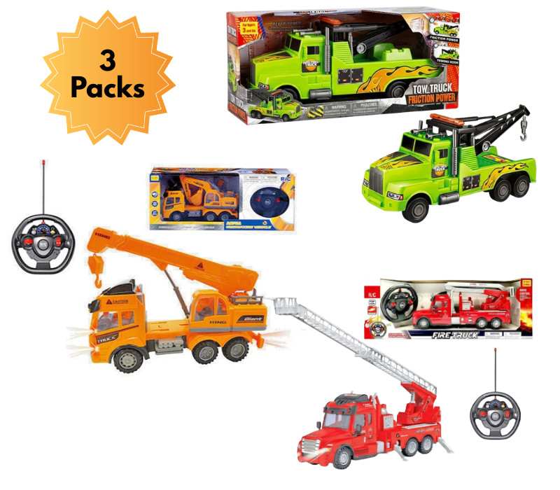 Friction Tow + RC Fire Truck w/ Ladder + RC Construction Truck Kids Toy Bundle
