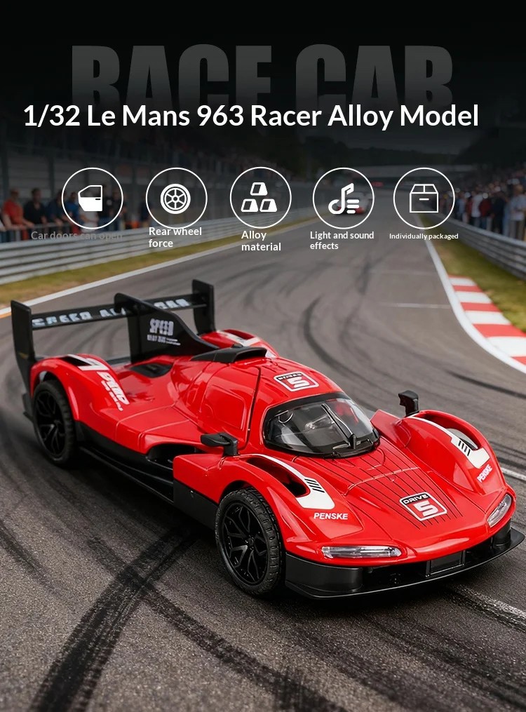 1:32 Porsche 963 alloy racing car model simulation sound and light suitable