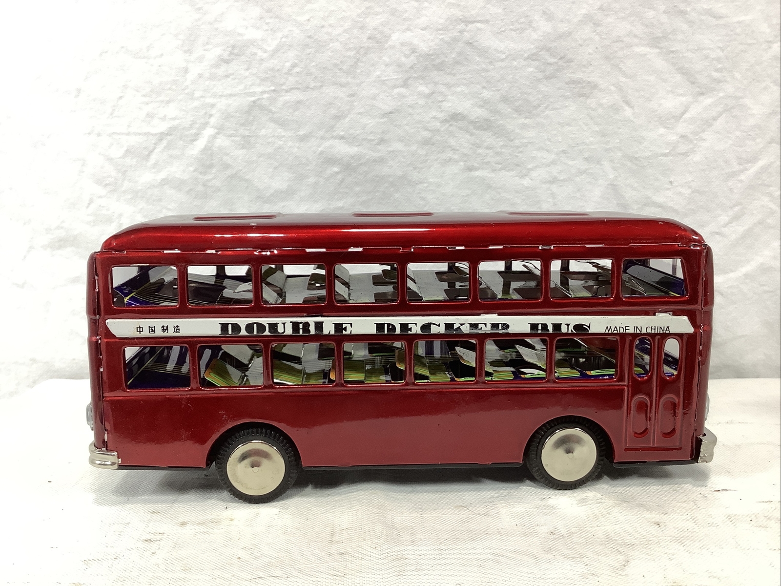 Vintage Chinese Tinplate Friction Drive Double Decker Bus MF 185 – Red NOS