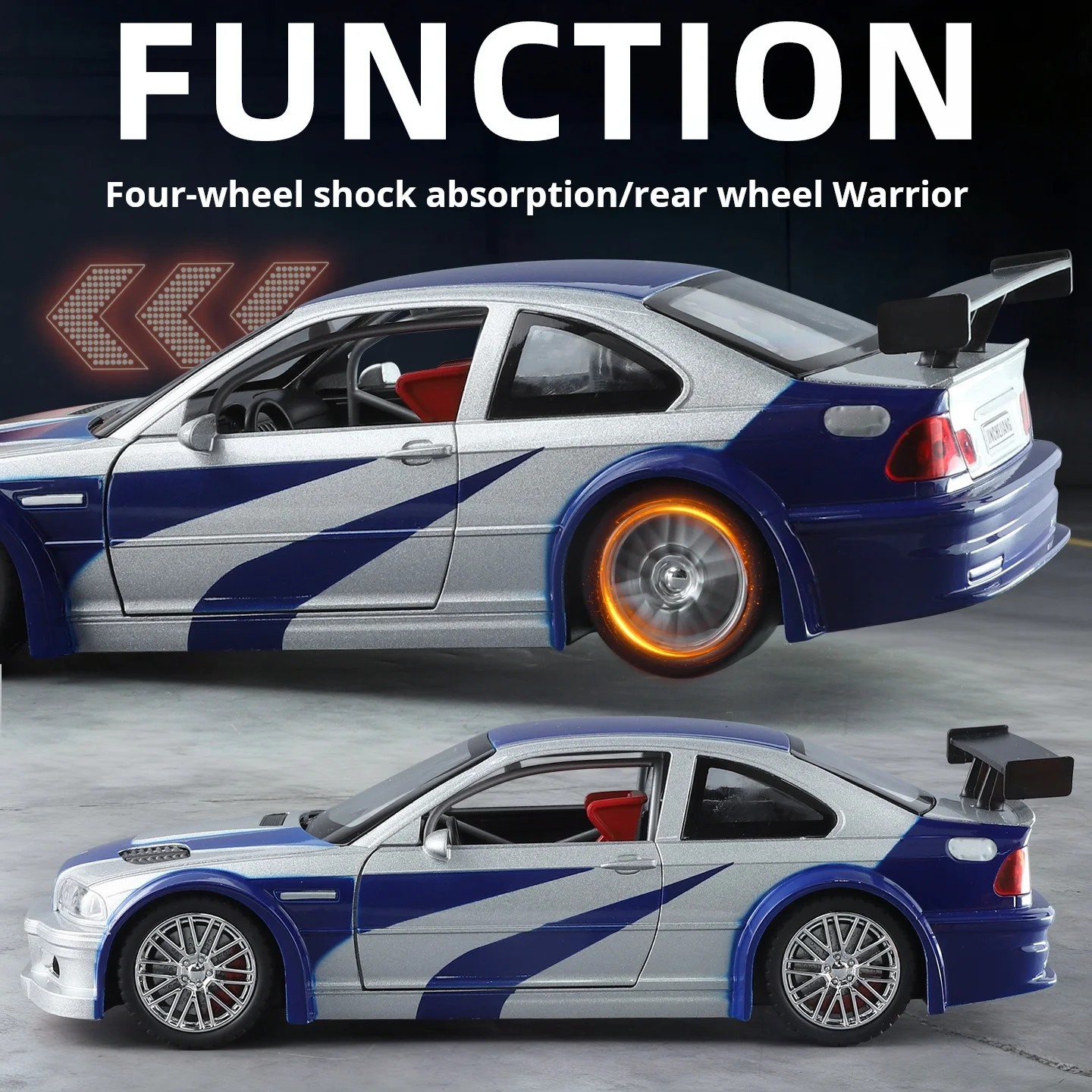 1:24 BMW M3 GTR E46 Alloy Muscle Diecast Car Model Sound Light Birthday Gift Toy