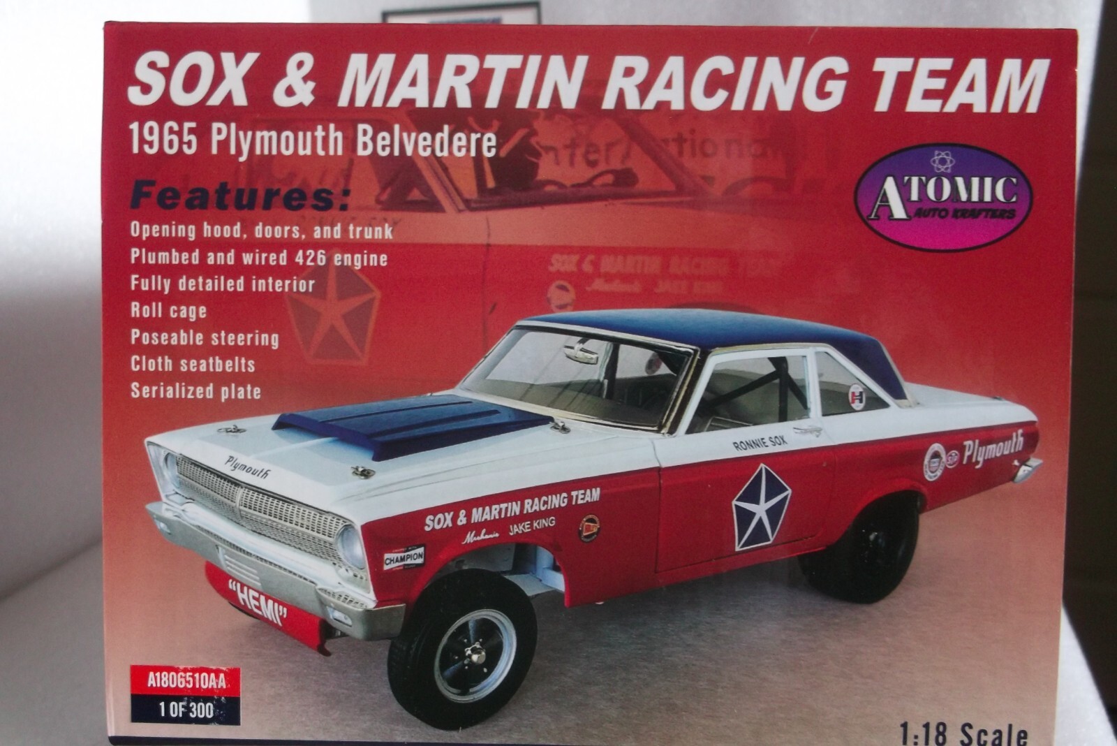 SOX MARTIN 1965 AWB PLYMOUTH BELVEDERE HEMI 1:18 HNRA DRAG RACE CAR ATOMIC ACME