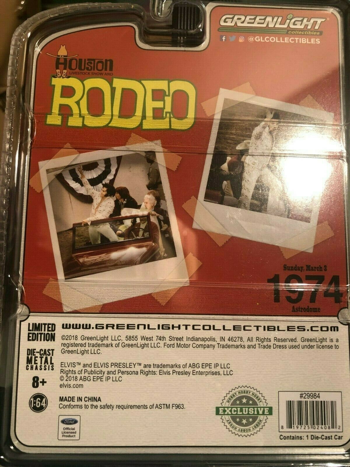 1/64 GREENLIGHT HOLLYWOOD ELVIS HOUSTON RODEO 1974 FORD BRONCO RED