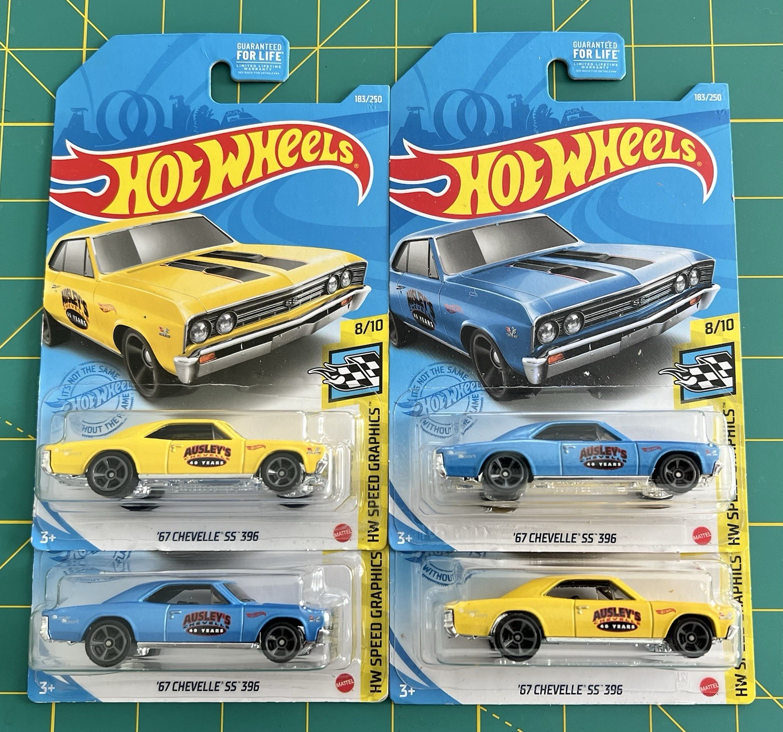 LOT OF 4 – 2021 HOT WHEELS ’67 CHEVELLE SS 396 BLUE AND YELLOW COLOR VARIANTS