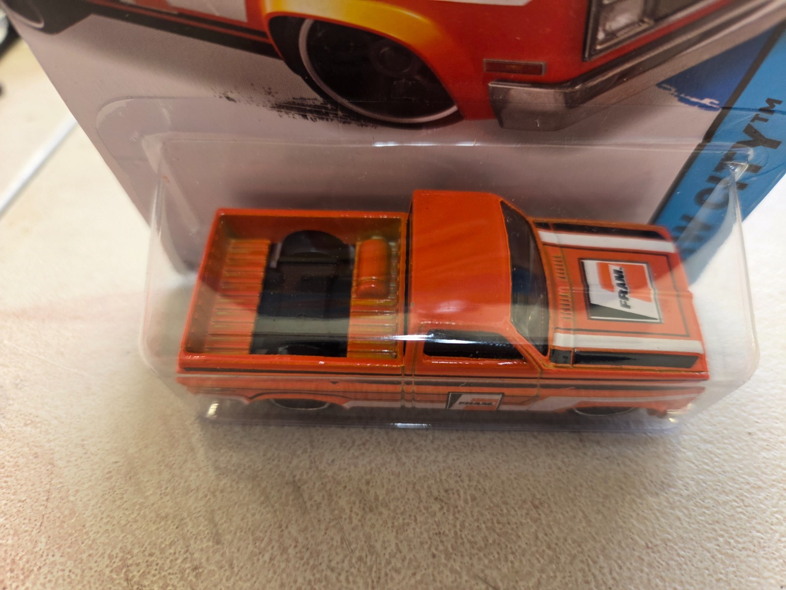 2013 Hot Wheels Orange ’83 Chevy Silverado FRAM Orange HW CITY Top Crease