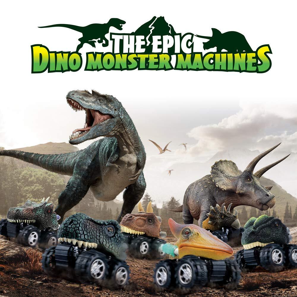 Pull Back Dinosaur Car Toys 4 Pack for 3-Year-Old Boys and Toddlers