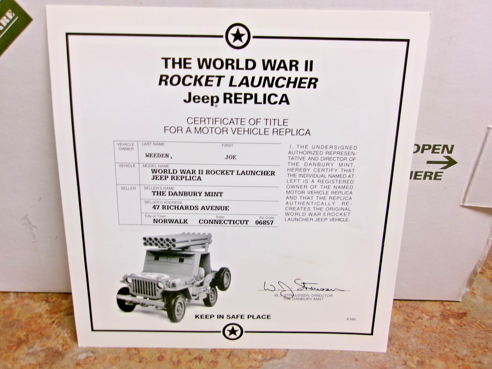 Danbury Mint World War II Jeep Replica W/Rocket Launcher 1:16-Full Package-NEW!
