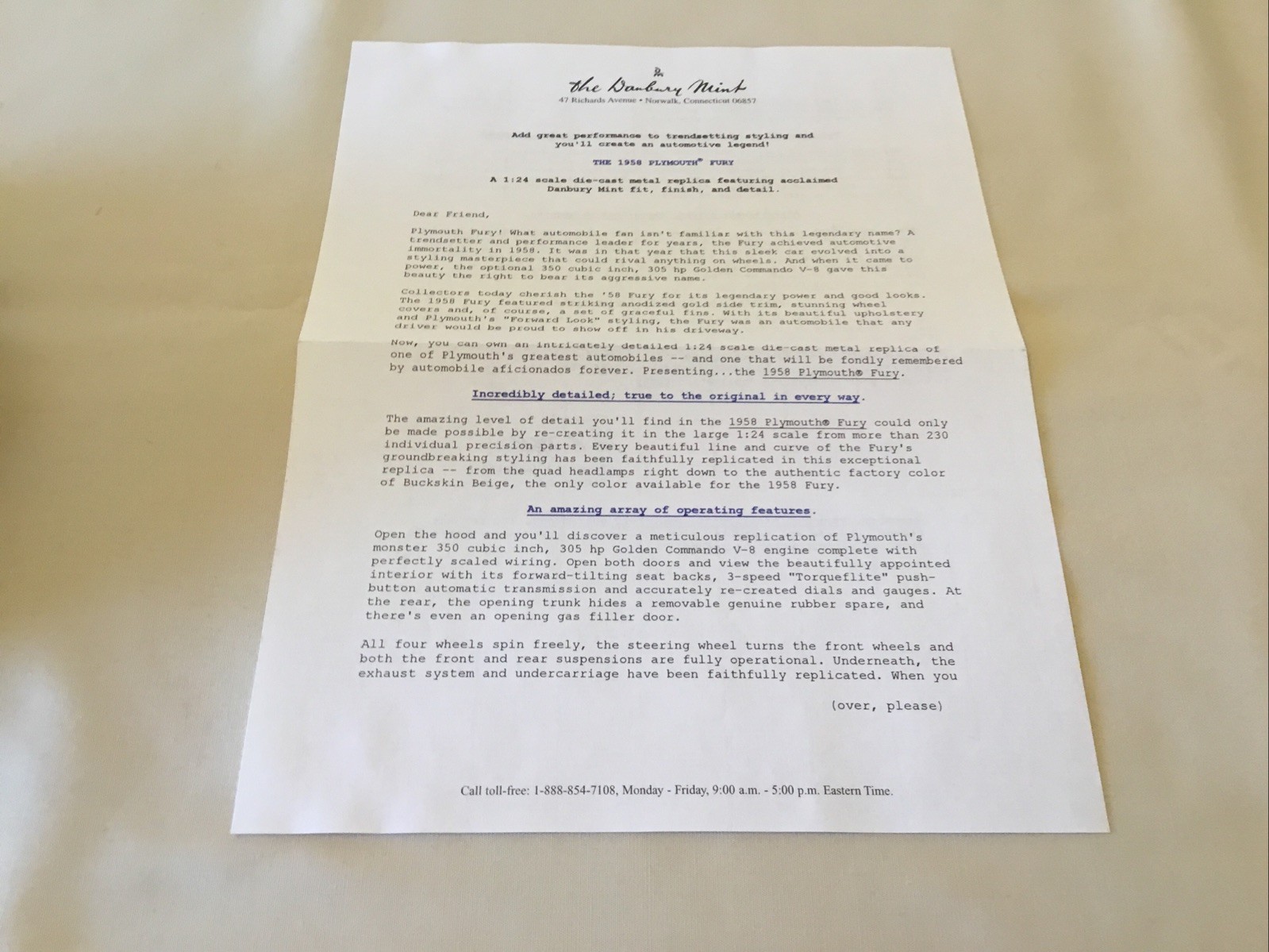 Danbury Mint 1958 Plymouth Fury Brochure Paperwork Only 1:24