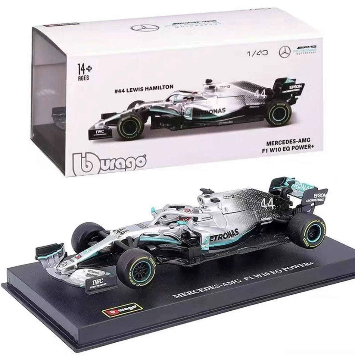BBurago 1:43 MERCEDES AMG F1 W10 EQ POWER+ #44 Lewis Hamilton Helmet Edition