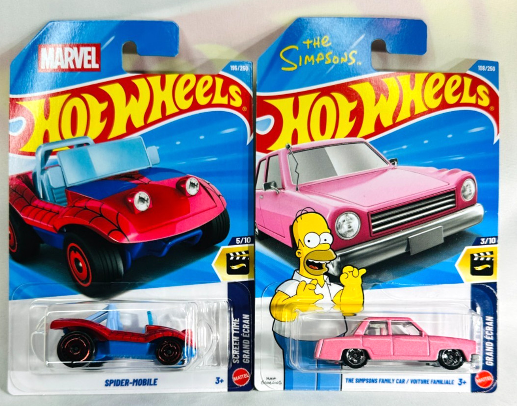 Lot of 2 – Hot Wheels 2026 – Screen Time – Simpsons Car & Spider – Int’L Cards