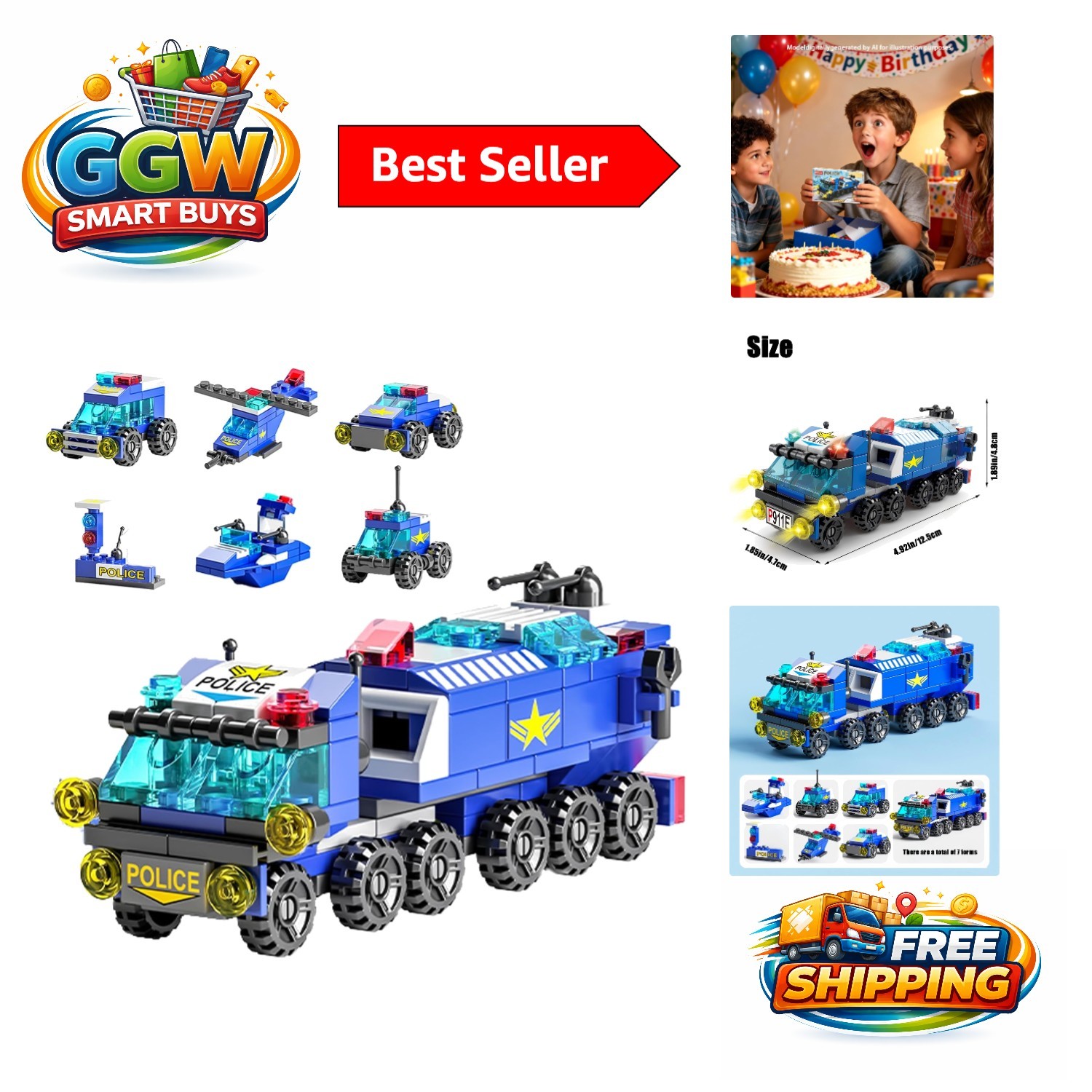Interactive Police Car Building Set with Moving Wheels – Perfect Gift for Kids