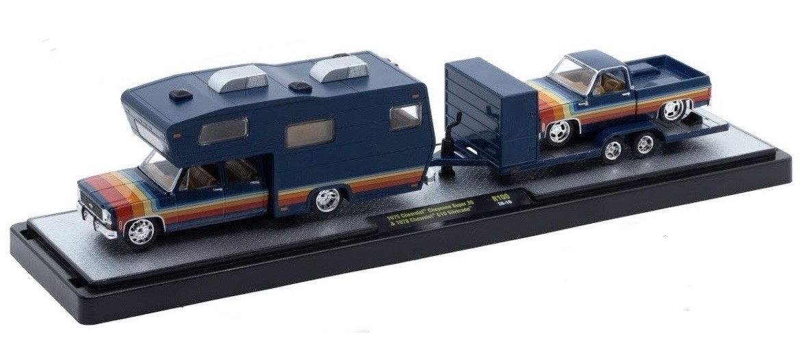 M2 MACHINES ‘75 CHEVY CHEYENNE SUPER 30 CAMPER & CHEVY C10 SILVERADO HAULER