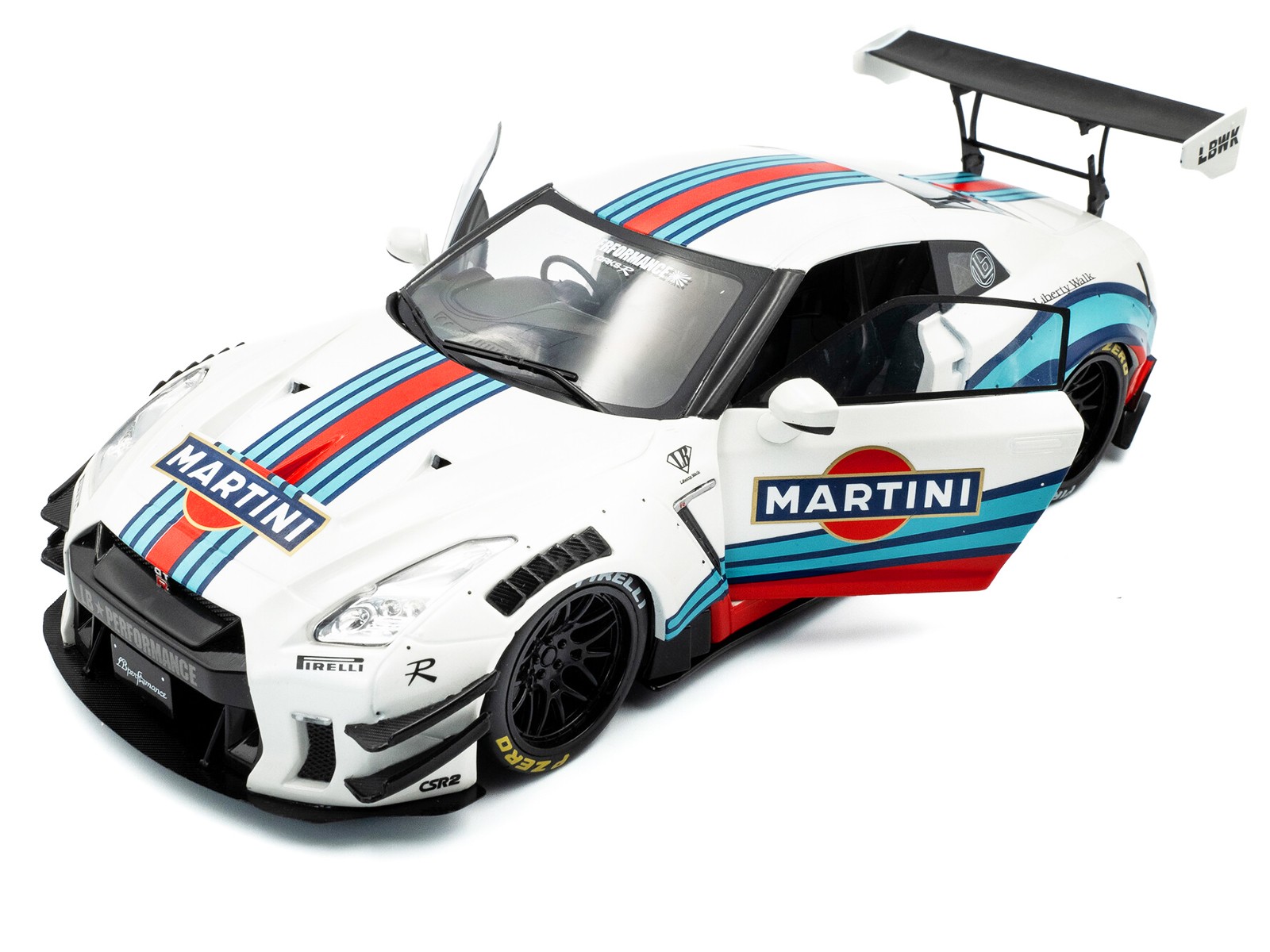 2024 Nissan GT R RHD with Liberty Walk 2.0 Body Kit White Martini Racing 1/18