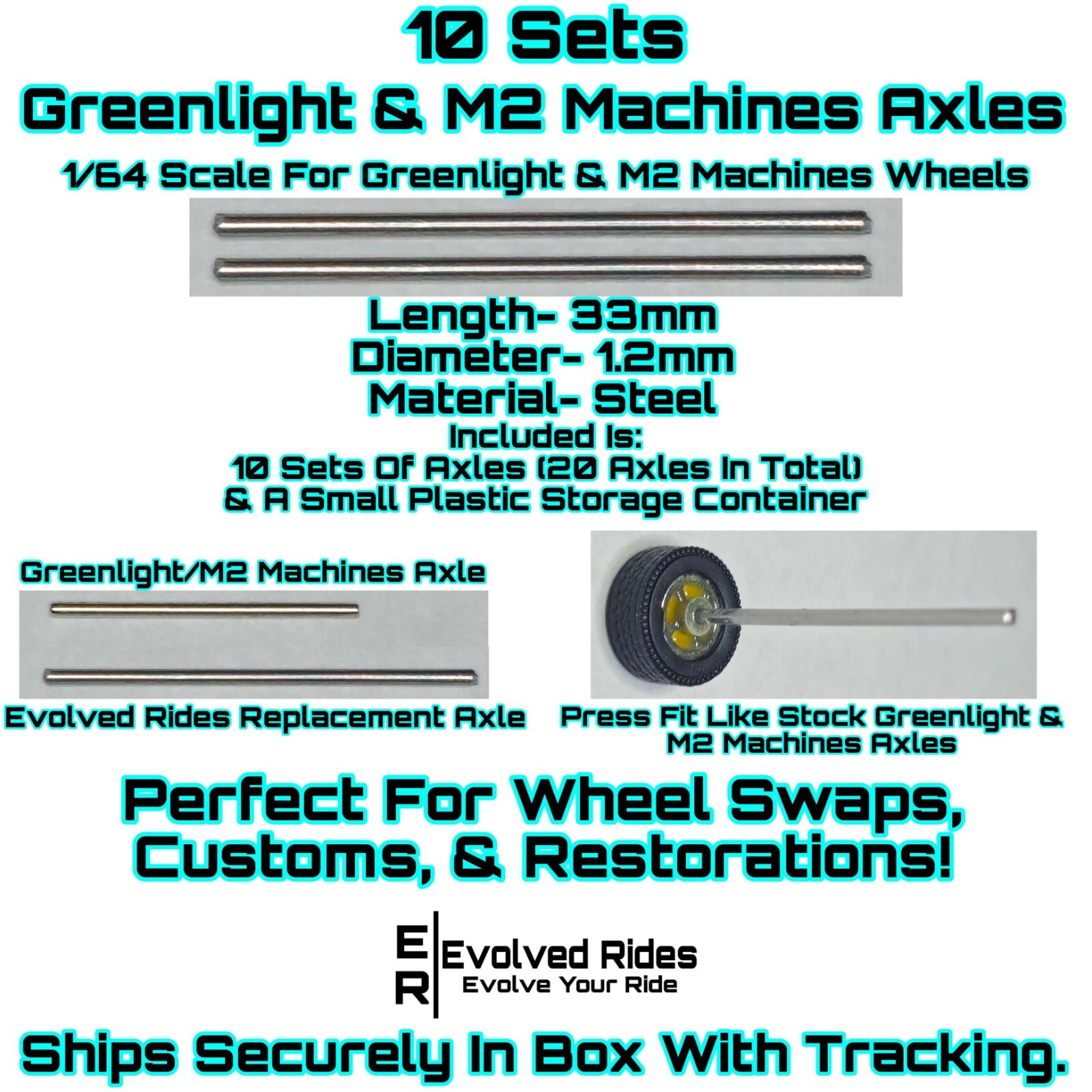 Replacement Axles 20PC 33mm 1/64 Scale M2 Machines Greenlight Custom Restoration