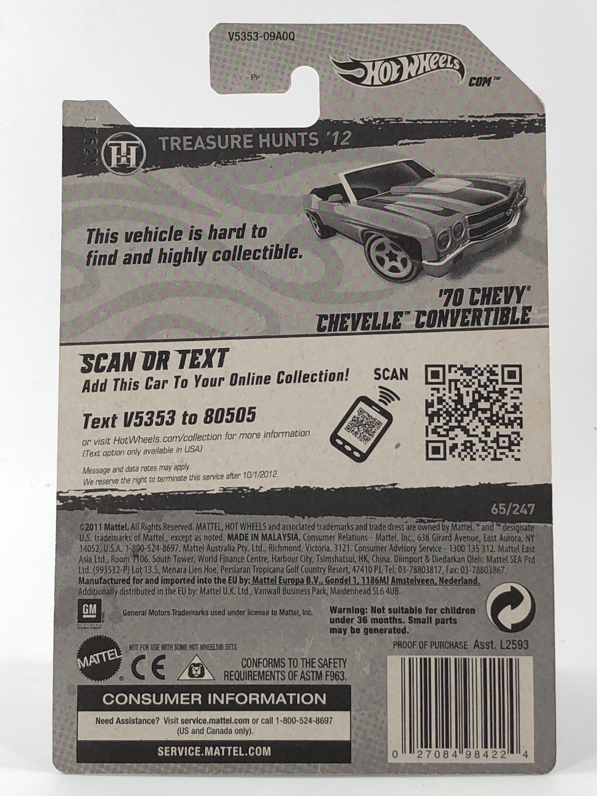 Hot Wheels ’70 Chevy Chevelle Convertible Orange 2012 Treasure Hunt 15/15 65/247