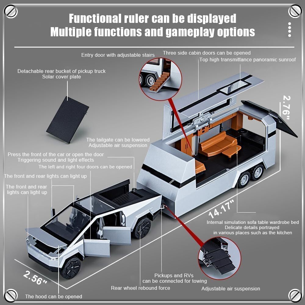 1:32 Tesla Diecast Pickup Trailer Model Toy Truck Car Toy with Sound&Light US