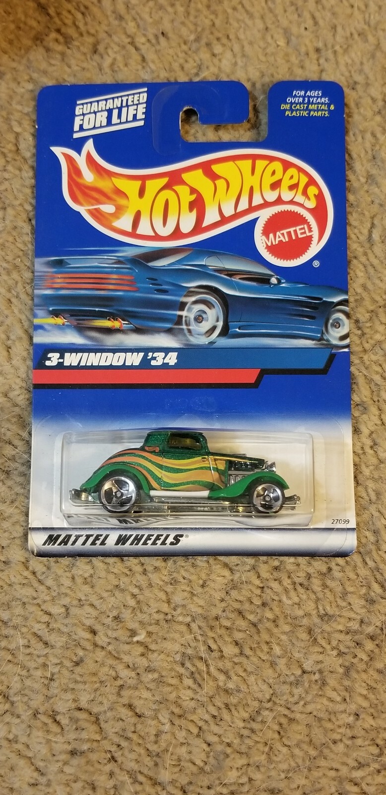 2000 Hot Wheels 3-Window ’34 Hot Rod #132 Metallic Green 3 Spoke Rims NIP