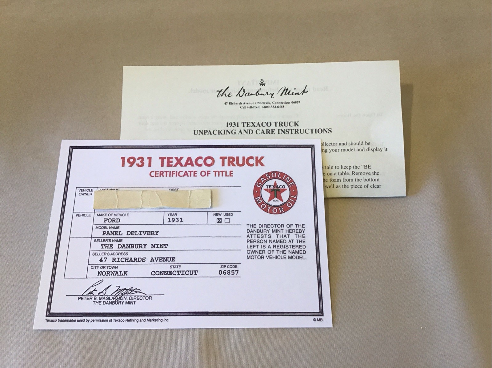 Danbury Mint 1931 Texaco Ford Panel Delivery Truck Title Paperwork Only 1:24