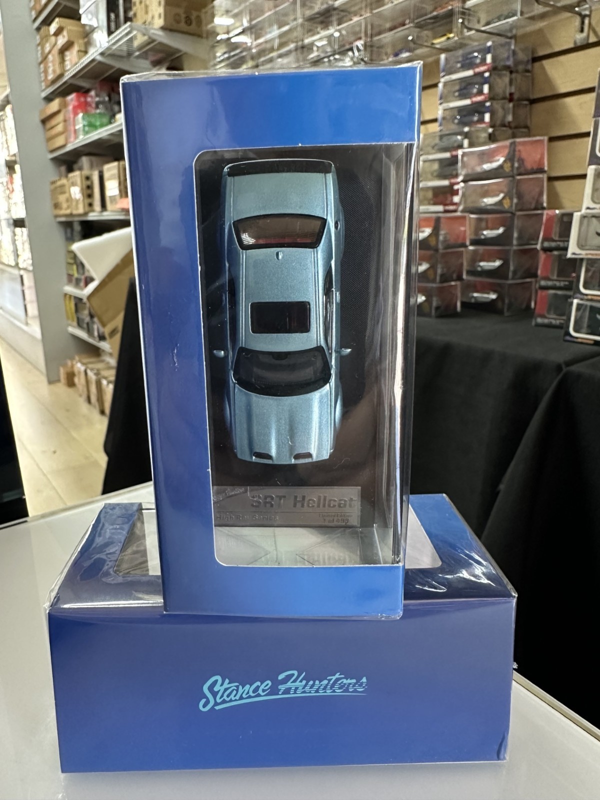 DODGE CHALLENGER SRT HELLCAT HOOD OPENS ICE BLUE 1/64 CAR BY STANCE HUNTERS SH