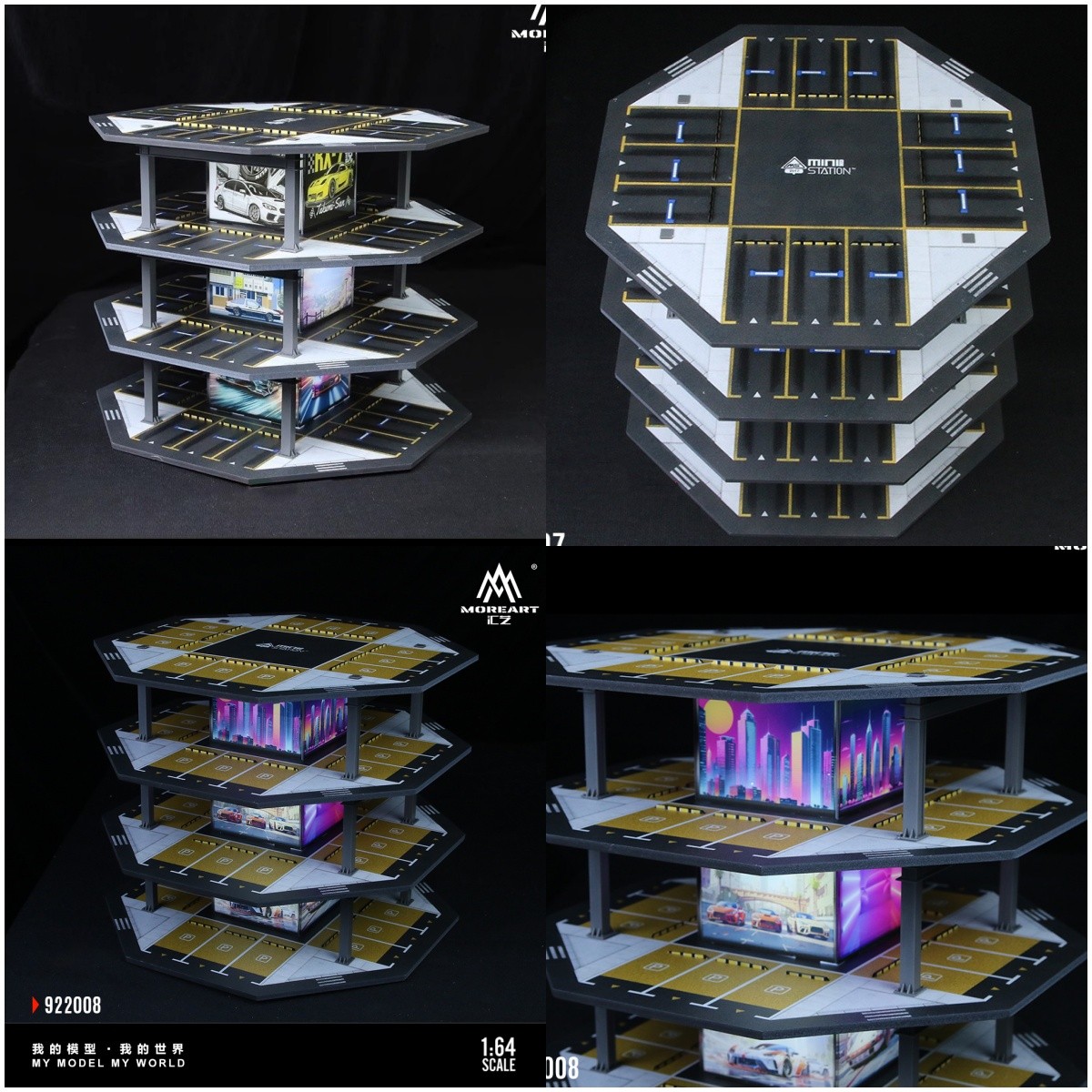 1/64 Diorama Diecast Car Garage Model LED Parking Lot Street Building Scene Gift