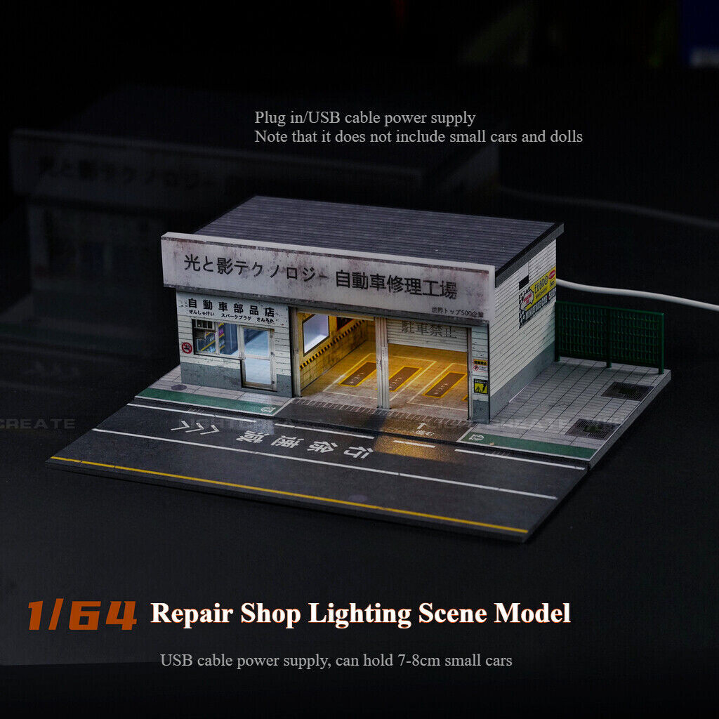 Diorama 1:64 Car Parking Lot Models LED Lighting City Repair Shop Scene Display