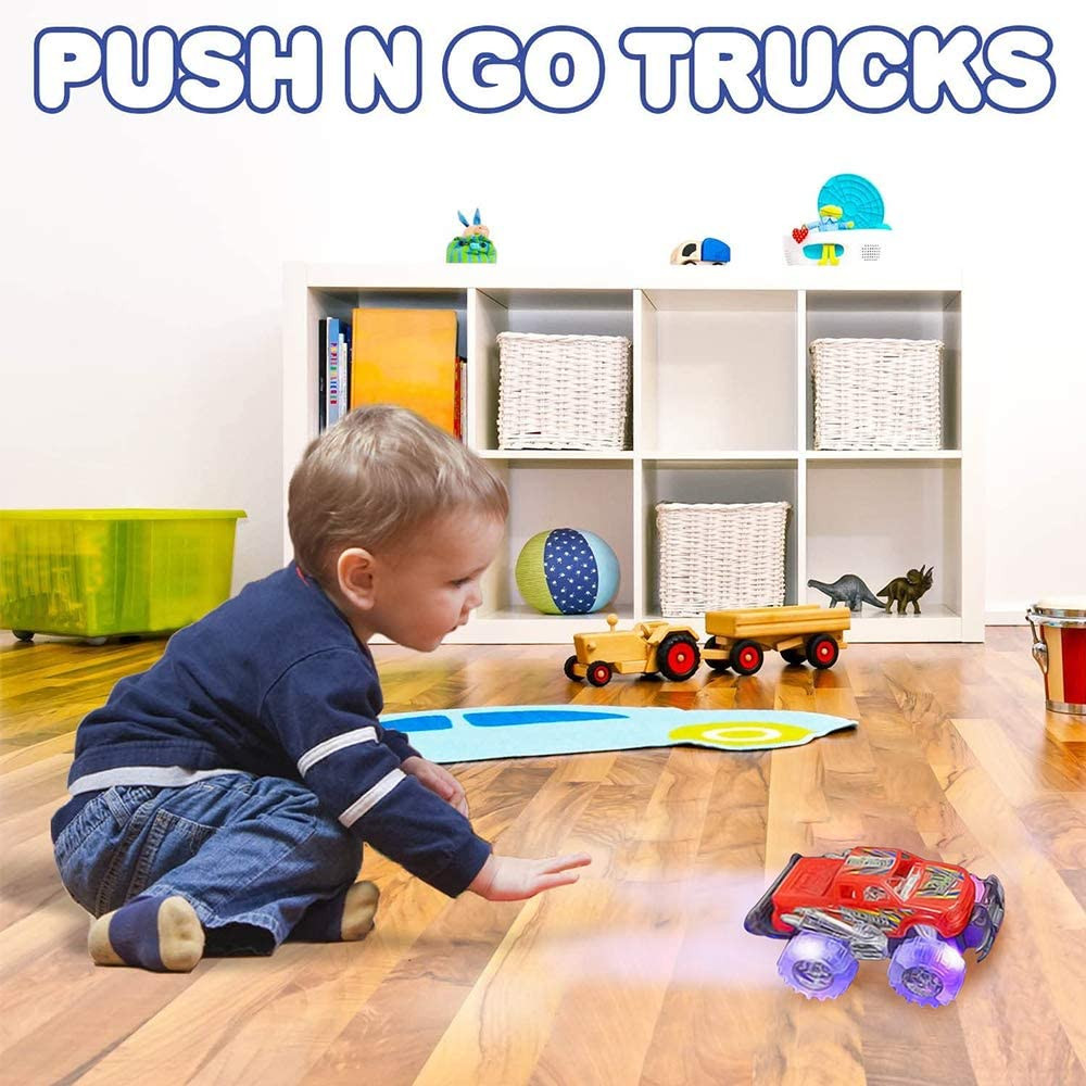 Light-Up Monster Truck Toys (2-Pack) – Push-&-Go Cars with Glowing Wheels – Birt
