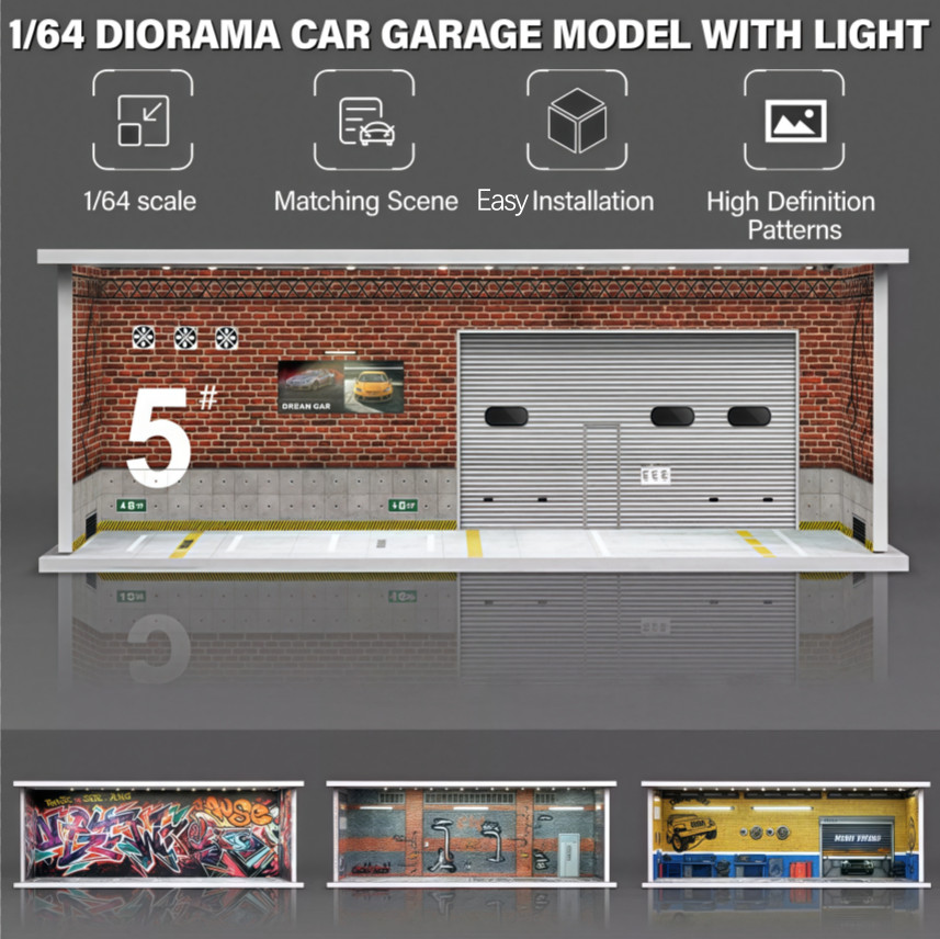 1/64 Diorama Car Garage Model LED Lighting City Parking Lot Scene Building Model