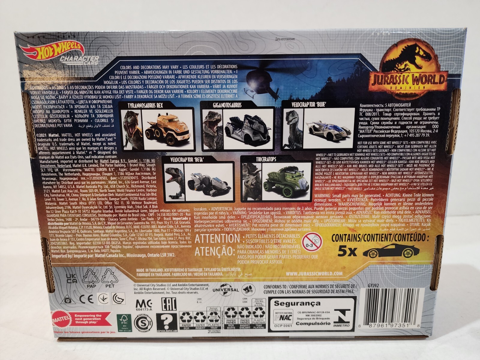 Hot Wheels Jurassic World Dominion 2022 Dinosaur Character Car 5 Pack Box Set