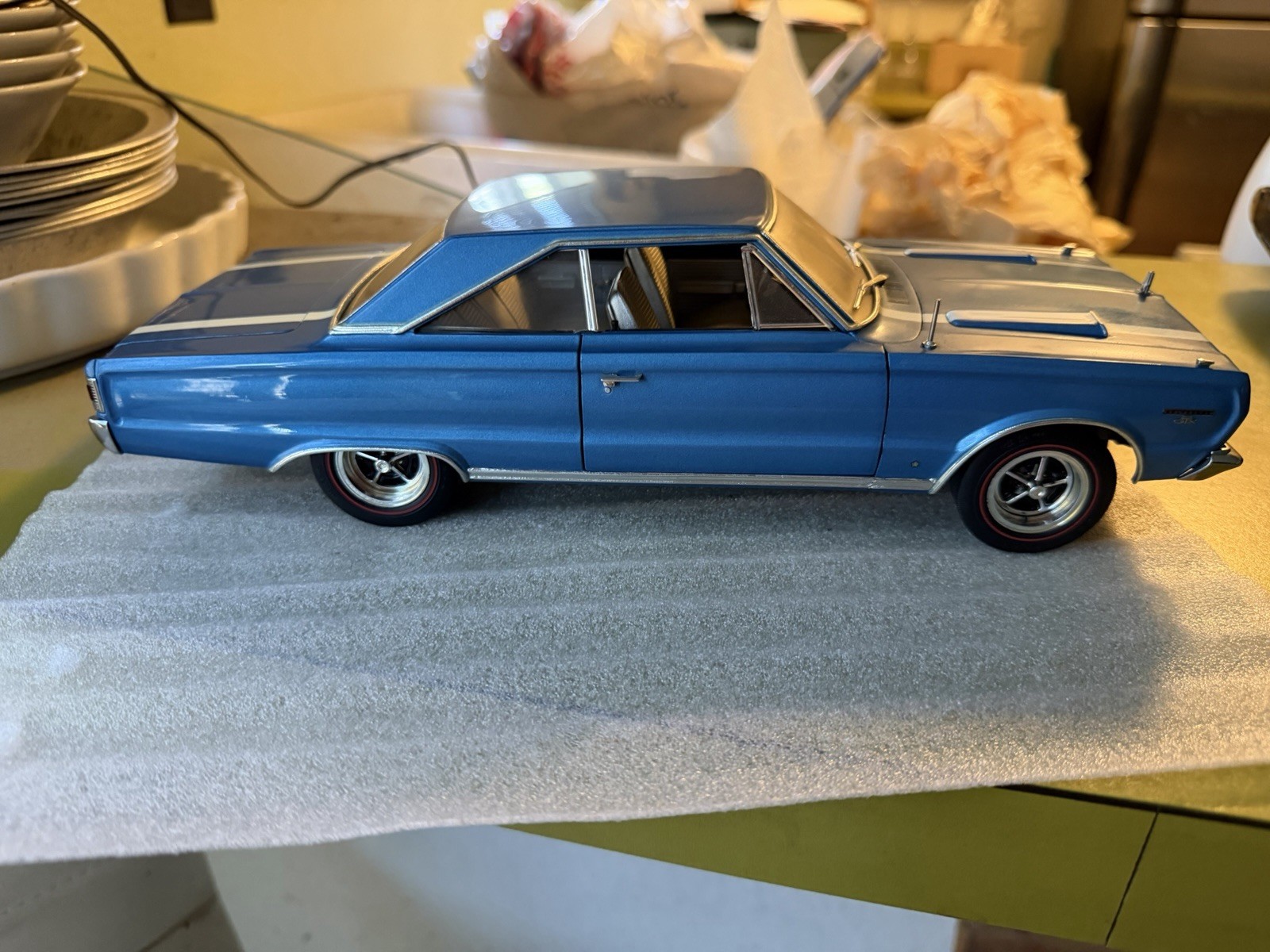 Plymouth Diecast Model Car Blue w/ White Stripes Opening Doors License Plate