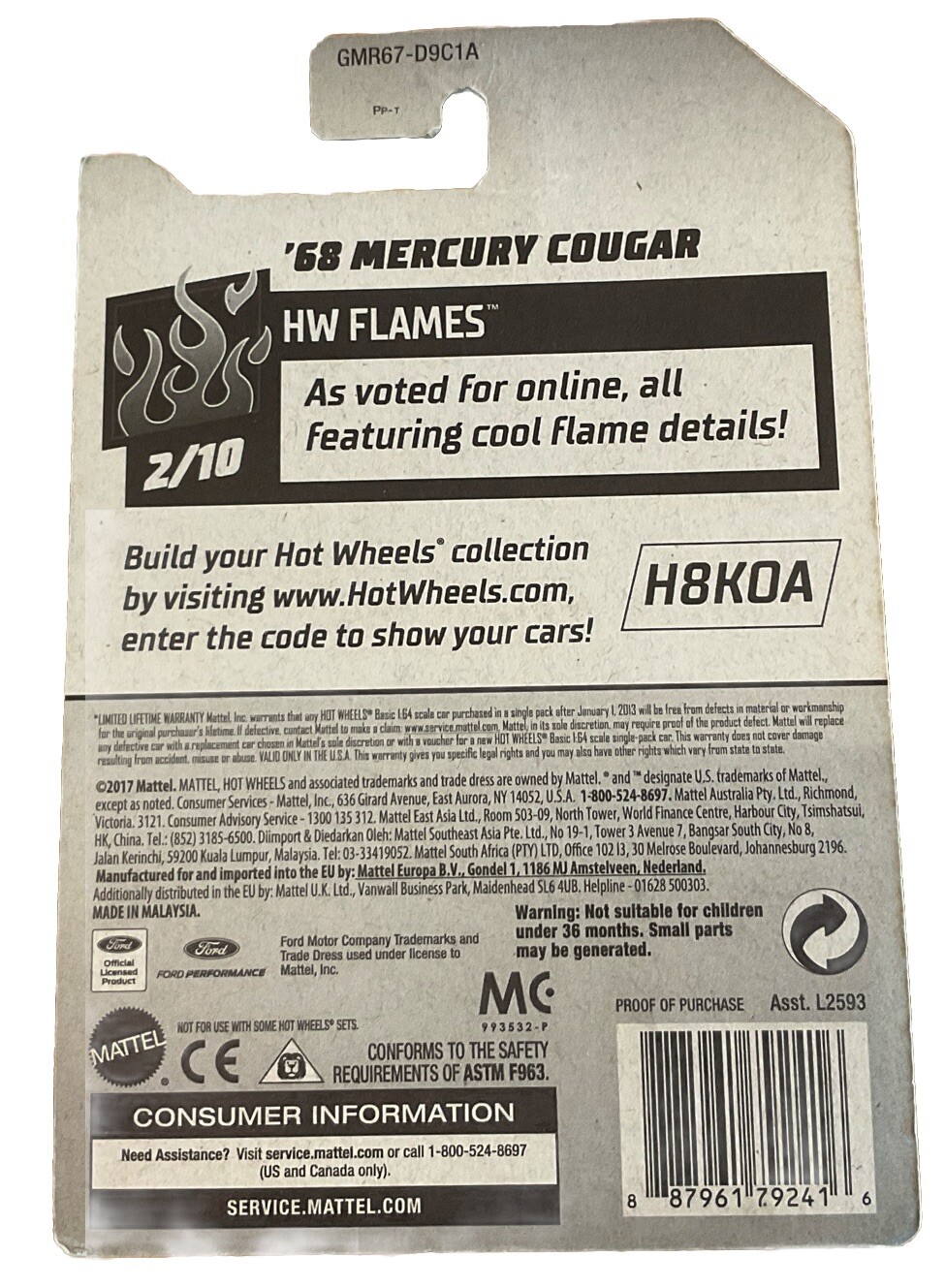 2019 Hot Wheels #164 HW Flames 2/10 68 MERCURY COUGAR Black Variant wWhiteSlotSP